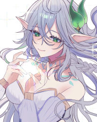 1girl absurdres bare_shoulders braid breasts choker closed_mouth commentary_request detached_sleeves dress genshin_impact green_eyes hair_ornament hands_up highres hotaboshi_yazuki long_hair long_sleeves medium_breasts pointy_ears rukkhadevata_(genshin_impact) shoulder_tattoo simple_background smile solo spoilers tattoo upper_body white_background white_dress white_hair yaduki100