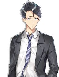 1boy black_eyes black_hair black_jacket closed_mouth collared_shirt diagonal-striped_clothes diagonal-striped_necktie frown jacket lapels looking_at_viewer momoko_(momopoco) necktie notched_lapels official_art open_clothes open_jacket oshiego_ni_kyouhaku_sareru_no_wa_hanzai_desu_ka? parted_bangs shirt short_hair simple_background solo striped_clothes tenjin_(oshiego_ni_kyouhaku_sareru_no_wa_hanzai_desu_ka?) transparent_background white_shirt wing_collar