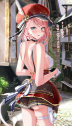 1girl absurdres ass bare_shoulders breasts newsboy_cap cat charlotte_(genshin_impact) detached_sleeves eyewear_strap genshin_impact gloves hat hat_feather highres kabu_usagi large_breasts looking_at_viewer medium_hair monocle parted_lips pink_hair red_hat solo thigh_strap thighs translation_request wet white_gloves
