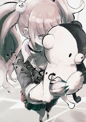 1girl absurdres bear_hair_ornament black_choker black_nails black_shirt blonde_hair blue_eyes bow breasts choker cleavage collarbone danganronpa:_trigger_happy_havoc danganronpa_(series) enoshima_junko fingernails hair_ornament highres long_hair miniskirt monokuma ncha pleated_skirt red_skirt sharp_fingernails shirt skirt smile standing twintails