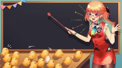 1girl absurdres adapted_costume alternate_costume ascot baby_animal badge bespectacled bird bra breasts brown_legwear bubble buttons chalkboard charm_(object) chick classroom cowboy_shot desk double-breasted earrings egg feather_earrings feathers floating_earrings glasses gradient_ascot gradient_hair gradient_neckwear green_hair hair_ribbon hands_up headband highres hololive hololive_english indoors jewelry long_hair looking_at_animal medium_breasts multicolored_hair neckerchief no_headwear open_mouth orange_hair pencil_skirt pink_eyes pointer red-framed_eyewear red_skirt ribbon school shirt skirt sleeveless sleeveless_shirt smile sweatdrop swept_bangs table takanashi_kiara teacher teacher_and_student teaching underwear virtual_youtuber watch white_headband wristwatch yunare