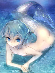 1boy bad_id bad_pixiv_id blue_eyes blue_hair fins head lying male_focus matching_hair/eyes merman monster_boy original pantsuga short_hair shota solo water wet