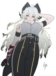 1girl absurdres arm_strap arm_up bare_shoulders black_gloves black_horns black_pants breasts bright_pupils button_gap commentary cowboy_shot curled_horns earrings english_commentary from_below gloves gradient_hair grey_hair hair_between_eyes high-waist_pants highres horns illustrator_x jewelry key_earrings large_breasts long_hair looking_at_viewer multicolored_hair pants parted_lips red_eyes shirt shirt_tucked_in simple_background solo tight_clothes tight_pants unfinished white_background white_pupils white_shirt wuthering_waves zani_(wuthering_waves)