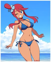 1girl bikini blue_eyes blue_sky breasts cloud dark-skinned_female dark_skin highres long_hair mcarthur1010 medium_breasts nintendo ocean one_eye_closed pokemon pokemon_bw red_hair sky skyla_(pokemon) swimsuit teeth water wink