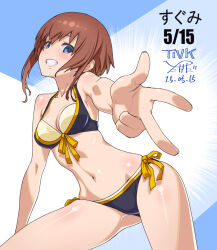 Rule 34 | 1girl, alice gear aegis, bikini, black bikini, blue eyes, breasts, brown hair, commentary request, dated, front-tie bikini top, front-tie top, grin, kanagata sugumi, medium breasts, navel, short hair, side-tie bikini bottom, signature, smile, solo, swimsuit, takada kazuhiro, v