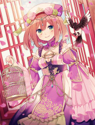 1girl amagi_hana bare_shoulders bird birdcage black_bird blush breasts cage character_request cleavage closed_mouth commentary_request cowboy_shot detached_sleeves dress green_eyes hat highres holding long_sleeves looking_at_viewer mandarin_collar orange_hair pink_dress pink_sleeves sangokushi_taisen short_hair sleeveless sleeveless_dress smile solo white_hat wide_sleeves