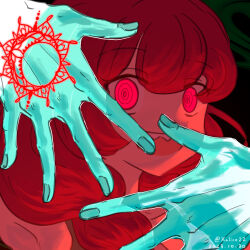 Rule 34 | 1girl, absurdres, blunt bangs, bocchi the rock!, braid, disembodied hand, glowing, glowing eyes, glowing tattoo, hand tattoo, highres, hiroi kikuri, long hair, open mouth, red eyes, red hair, ringed eyes, sharp teeth, single braid, smile, solo, tattoo, teeth, xalice18