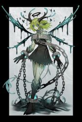 Rule 34 | 1girl, antlers, barefoot, black border, black dress, blue eyes, border, chain, chain leash, collar, colored sclera, colored skin, commission, cuffs, dress, fingernails, full body, green hair, green skin, grey background, grey sclera, highres, horns, leash, looking at viewer, metal collar, monster girl, multiple wings, original, outside border, plant, plant hair, plant tail, pointy ears, runes, ruteko (ruko220), shackles, sharp fingernails, short hair, skeb commission, slime (substance), solo, standing, tail, vines, wings