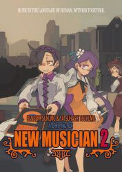 3girls black_ribbon black_skirt bolos bow brown_hair car city collar collared_shirt dagger dress english_text flower frilled_sleeves frills hair_flower hair_ornament hairband hat highres holding holding_dagger holding_knife holding_weapon knife lyrica_prismriver motor_vehicle movie_poster multiple_girls orange_dress orange_eyes parody parody_request purple_bow purple_collar purple_eyes purple_hair purple_hairband red_dress red_hat red_vest ribbon shirt skirt touhou tsukumo_benben tsukumo_yatsuhashi vest waist_bow weapon white_shirt