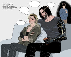 animification aura beard black_gloves black_hair blonde_hair brown_hair bucky_barnes dark_aura earrings facial_hair fingerless_gloves gloves highres jewelry marvel marvel_cinematic_universe pinkteest sentry_(marvel) thunderbolts_(movie) yelena_belova