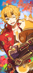 Rule 34 | 1boy, ahoge, animal, autumn leaves, black gloves, blonde hair, blue sky, commentary request, cowboy shot, dog, facing viewer, fake horns, falling leaves, genshin impact, gloves, green eyes, hair between eyes, headband, highres, holding, holding animal, holding dog, horned headwear, horns, jacket, leaf, long hair, lower teeth only, male focus, one eye closed, open mouth, outdoors, ponytail, pyro symbol (genshin impact), red jacket, shiba inu, shibuki kamone, sky, solo, taroumaru (genshin impact), teeth, thoma (genshin impact), vision (genshin impact)