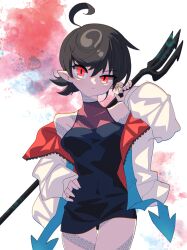 1girl ahoge alternate_costume black_dress black_hair breasts closed_mouth commentary_request cowboy_shot dress earrings fingernails frown full-body_tattoo hand_on_own_hip highres holding holding_polearm holding_weapon houjuu_nue jacket jewelry looking_at_viewer medium_breasts no_wings nue_day open_clothes open_jacket pencil_dress pointy_ears polearm red_eyes ryouryou short_dress short_hair single_earring sleeveless sleeveless_dress snake_tattoo solo tattoo touhou trident uneven_eyes weapon white_jacket