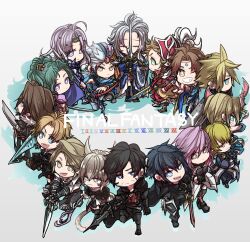 4girls 6+boys animal_ears armor bartz_klauser black_hair black_jacket blonde_hair blue_eyes brown_eyes brown_hair buster_sword cat_ears cat_tail cecil_harvey chibi clive_rosfield closed_eyes cloud_strife collared_shirt commentary_request copyright_name final_fantasy final_fantasy_i final_fantasy_ii final_fantasy_iii final_fantasy_iv final_fantasy_ix final_fantasy_v final_fantasy_vi final_fantasy_vii final_fantasy_viii final_fantasy_x final_fantasy_xi final_fantasy_xii final_fantasy_xiii final_fantasy_xiv final_fantasy_xv final_fantasy_xvi firion full_body fur-trimmed_jacket fur_trim green_hair grey_eyes grey_hair gunblade helmet high_ponytail highres holding holding_sword holding_weapon jacket lightning_farron long_hair looking_at_viewer medium_hair multiple_boys multiple_girls noctis_lucis_caelum one_eye_closed onion_knight oshibainoticket parted_bangs pink_hair ponytail purple_eyes red_armor red_headwear shantotto shirt short_hair spiked_hair squall_leonhart swept_bangs sword tail tidus tina_branford vaan_(ff12) warrior_of_light_(ff1) weapon white_shirt y&#039;shtola_rhul yellow_eyes zidane_tribal