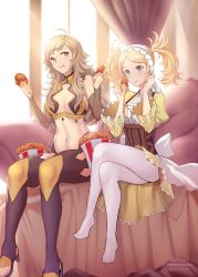 2girls absurdres ahoge asymmetrical_bangs bad_anatomy bad_feet bare_shoulders blonde_hair blue_eyes bridal_gauntlets chicken_(food) chicken_leg commission commissioner_upload corset eating artistic_error fire_emblem fire_emblem_awakening fire_emblem_fates food fried_chicken grandmother_and_granddaughter grey_eyes headdress highres holding holding_food kfc leather lissa_(fire_emblem) long_hair looking_at_another multiple_girls navel nintendo non-web_source ophelia_(fire_emblem) pantyhose reversed_feet reversed_foot shiro_font turtleneck twintails wrong_foot