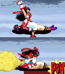 2girls ainu_clothes armpits arms_up blue_eyes blue_hair blush breasts brown_hair dark-skinned_female dark_skin defeat fart farting_in_face fingerless_gloves from_side full-face_blush gameplay_mechanics gloves hair_ribbon highres legs long_hair lying medium_breasts multiple_girls murasaki_nakoruru nakoruru nervous o_o open_mouth pants ribbon samurai_spirits sitting sitting_on_person snk sweat tears thighs