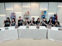 6+girls aida_rikako aqours black_hair black_shirt blue_hair furihata_ai inami_anju kobayashi_aika komiya_arisa looking_at_viewer medium_hair merchandise multiple_girls photo_(medium) real_life saito_shuka shirt short_hair sitting skirt suwa_nanaka suzuki_aina_(voice_actor) table takatsuki_kanako voice_actor