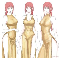 1girl braid braided_ponytail breasts chainsaw_man dress gold_dress highres long_hair makima_(chainsaw_man) medium_hair red_hair ringed_eyes simple_background solo twitter_username virtuware white_background wide_hips yellow_eyes