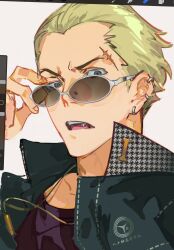 1boy arm_up art_program_in_frame black_jacket blonde_hair collared_jacket crew_neck ear_piercing earrings fingernails glasses grey-framed_eyewear grey_eyes hair_slicked_back highres houndstooth jacket jewelry looking_at_viewer male_focus multiple_earrings necklace open_clothes open_jacket open_mouth persona persona_4 piercing popped_collar purple_shirt scar scar_on_face scar_on_forehead school_uniform shirt simple_background solo suit_jacket sunglasses tatsumi_kanji teeth tongue unfinished upper_body upper_teeth_only white_background widow&#039;s_peak yasogami_school_uniform yuuyuyuraru