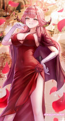 Rule 34 | 1girl, absurdres, aru (blue archive), aru (dress) (blue archive), blue archive, breasts, chandelier, cleavage, clutch purse, commentary request, covered navel, dress, earrings, elbow gloves, falling petals, flower, gloves, grin, halo, hand on own hip, handbag, highres, horns, jewelry, large breasts, long hair, looking at viewer, official alternate costume, petals, pink hair, red dress, red flower, red rose, rose, side slit, smile, smug, solo, sparkle, v-shaped eyebrows, very long hair, wajuniorbox, white gloves, yellow eyes