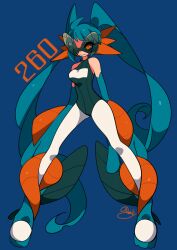 1girl blue_background blue_one-piece_swimsuit closed_mouth commentary_request full_body game_freak gen_3_pokemon long_hair looking_at_viewer mega_pokemon mega_swampert nintendo one-piece_swimsuit orange_eyes pantyhose personification pokedex_number pokemon sameyama_jiro signature simple_background solo swampert swimsuit tinted_eyewear twintails very_long_hair white_pantyhose