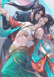 2boys androgynous arm_up aubergrin bare_shoulders beads bell bindi black_hanfu black_nails bracelet chinese_clothes chinese_hairpin collarbone curtained_hair dancer dancing facial_mark feet_out_of_frame fingernails floating_hair flower forehead_mark gold_armlet gold_bracelet gold_necklace green_eyes green_pants green_ribbon grey_background grin hand_on_another&#039;s_chest hand_on_another&#039;s_wrist hanfu high_ponytail highres huadian jewelry leaning_to_the_side light_particles long_hair long_sleeves looking_at_another luo_binghe male_focus multiple_boys nail_polish navel neck_bell necklace pants parted_bangs ponytail red_eyes red_flower red_nails red_ribbon red_rose renzha_fanpai_zijiu_xitong ribbon ribboned_xiao_guan rose shen_jiu_(renzha_fanpai_zijiu_xitong) smile teeth vambraces xiao_guan_(headdress) yellow_ribbon zuiyin