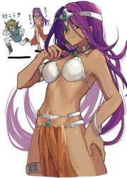 1boy 1girl aqua_tunic armlet belly_chain bracelet breasts brown_eyes choker circlet cowboy_shot dark-skinned_female dark_skin dragon_quest dragon_quest_iv earrings fins gem green_gemstone green_hair head_fins hero_(dq4) highres jewelry long_hair looking_at_viewer manya_(dq4) medium_breasts metal_bikini metal_bra midriff navel pelvic_curtain purple_hair silver_armlet silver_thighlet smile solo_focus sphere_earrings thighlet translation_request tunic y_hcei10