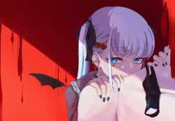 1girl bandaid bandaid_on_neck barbell_piercing black_nails blood blue_eyes blue_hair commentary_request facial_mark fingernails frilled_shirt frills fuwafuwa-chan_(hgdketgf) hair_ribbon hatsune_miku heart heart_facial_mark highres holding looking_at_viewer mask mouth_mask nail_polish piercing red_background ribbon shirt solo twintails vampire_(vocaloid) vocaloid wings