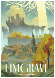 art_deco aylameridiandrawsstuff castle church cloud elden_ring english_text erdtree_(elden_ring) grass highres in-universe_location landscape no_humans outdoors poster_parody ruins sky tree
