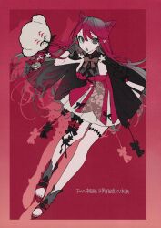 1girl :o absurdres baobhan_sith_(chinese_ver._8th_anniversary)_(fate) baobhan_sith_(fate) baobhan_sith_(first_ascension)_(fate) black_cape black_gloves breasts cape cernunnos_(fate) character_doll double_bun dress fate/grand_order fate_(series) full_body gloves grey_eyes hair_bun hand_up highres lace lace_gloves looking_at_viewer mochizuki_kei morgan_le_fay_(fate) non-web_source open-toe_shoes pink_background pink_hair red_dress scan sidelocks solo stuffed_toy