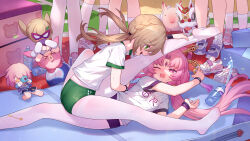 6+girls alternate_costume black_buruma brown_hair buruma chinese_hairpin forehead_jewel fu_xuan_(honkai:_star_rail) green_buruma green_eyes gym_uniform highres honkai:_star_rail honkai_(series) kneehighs long_hair looking_at_another low_twintails march_7th_(honkai:_star_rail) march_7th_(preservation)_(honkai:_star_rail) multiple_girls one_eye_closed open_mouth pantyhose pink_eyes pink_hair qingque_(honkai:_star_rail) shirt shoes short_sleeves smile socks tsubasa_tsubasa twintails very_long_hair white_pantyhose white_shirt white_socks