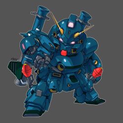 Rule 34 | armor, bazooka (gundam), chibi, commentary, english commentary, fusion, gatling gun, glowing, glowing eyes, grey background, gundam, gundam 0080, gundam alex, highres, kampfer (mobile suit), looking at viewer, mecha, mobile suit, no humans, panzerfaust, pink eyes, robot, science fiction, sd gundam, signature, solo, toilobo