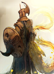 1other armor back cape crucible_knight elden_ring fake_horns fog from_behind full_armor helm helmet highres holding holding_shield horned_helmet horns pauldrons shield shoulder_armor solo standing tail uchuunin