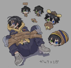 :o ahoge badge belt beret black_hair blue_eyes bound bound_arms bound_legs bound_wrists button_badge choker disembodied_hand full_body fusion gag gagged green_eyes grey_background hair_between_eyes hands_on_another&#039;s_knees hat heterochromia highres hood hoodie hypnosis_mic improvised_gag jacket_over_hoodie looking_at_viewer lying male_focus mole mole_under_eye mole_under_mouth multiple_moles multiple_persona navel navel_peek on_back on_stomach pants pants_rolled_up pompompurin raised_inner_eyebrows sanrio shoes short_hair simple_background spread_legs suke8364 tape tape_gag taped_down v-shaped_eyebrows white_shoes white_sneakers yamada_saburo yellow_hoodie