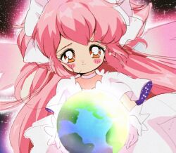 1990s_(style) 1girl absurdly_long_hair angel_wings bad_id bad_twitter_id blush_stickers bow bright_pupils choker closed_mouth commentary cowboy_shot dot_nose dress earth_(planet) english_commentary eyelashes faux_retro_artstyle gloves glowing hair_bow happy honeymoonpetal kaname_madoka long_dress long_hair magia_record:_mahou_shoujo_madoka_magica_gaiden mahou_shoujo_madoka_magica mahou_shoujo_madoka_magica_(anime) orange_eyes outline pink_hair pink_outline pink_wings planet pleated_sleeves retro_artstyle short_sleeves sketch smile solo space space_print sparkle star_(sky) starry_sky_print tareme two-sided_sleeves two_side_up ultimate_madoka very_long_hair white_bow white_choker white_dress white_gloves white_pupils wings
