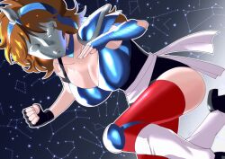 1girl aquila_marin armor asymmetrical_legwear breastplate breasts cleavage constellation elbow_gloves fingerless_gloves gloves highres large_breasts leotard long_hair looking_at_viewer mask orange_hair pantyhose red_hair red_pantyhose red_thighhighs saint_seiya sash shoulder_armor shoulder_pads solo star_(sky) thighhighs toku_sonchou