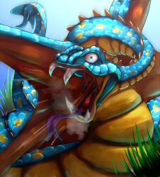 a10thunderboit blue_scales blue_sky colored_tongue commentary_request creature creature_focus day dragon_quest dragon_quest_monsters_3 fangs flython forked_tongue grass grey_eyes highres looking_at_viewer monster monster_focus no_humans on_grass open_mouth outdoors purple_tongue sky snake tongue yellow_scales