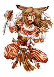 10s 1girl :d animal_ears armlet barefoot bodypaint breasts brown_eyes brown_hair delilah_(gate) earrings facepaint female_focus full_body fur fur_trim gate_-_jieitai_ka_no_chi_nite_kaku_tatakaeri highres jewelry knife large_breasts long_hair navel necklace open_mouth rabbit_ears rabbit_girl rabbit_tail sao_satoru simple_background smile solo tail tribal white_background