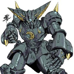 Rule 34 | clenched hand, coso-ri, fighting stance, highres, looking at viewer, mikazuki zero, sanding, tekkouki mikazuki, tokusatsu, white background, yellow eyes