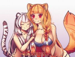 2girls alternate_hairstyle animal_ear_fluff animal_ears artist_name atla_fayon black_hair blue_bra blue_panties bluesky_username bra braided_twintails breasts cleavage closed_eyes closed_mouth collarbone commentary cowboy_shot english_commentary facing_viewer grabbing_another&#039;s_hair gradient_background grey_background hair_tubes hairstyle_switch hand_on_another&#039;s_back highres large_breasts leaning_forward long_hair looking_at_viewer multicolored_hair multiple_girls orange_hair panties pixiv_username raccoon_ears raccoon_girl raccoon_tail raphtalia red_bra red_eyes red_panties smile straight-on sweatdrop tail tate_no_yuusha_no_nariagari temerohimitaki tiger_ears tiger_girl tiger_tail twitter_username two-tone_hair underwear underwear_only white_background white_hair yuri