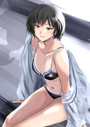 1girl amagami bare_shoulders bikini black_bikini black_eyes black_hair breasts cleavage collarbone looking_at_viewer medium_breasts murasaki_iro nanasaki_ai navel open_clothes open_shirt parted_lips shirt short_hair sitting solo swimsuit tan tanline thighs white_shirt