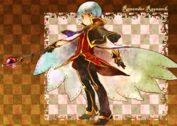 1boy black_capelet black_gloves black_pants black_shoes brown_background cape capelet checkered_background closed_mouth commentary_request english_text expressionless full_body gloves grey_eyes grey_hair holding holding_staff looking_afar male_focus morozumi_s pants ragnarok_online red_shirt shirt shoes short_hair solo staff standing white_cape wizard_(ragnarok_online)