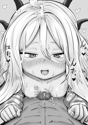 Rule 34 | 1boy, 1girl, absurdres, ao daidai ki, blue archive, blush, breasts, demon girl, demon horns, highres, hina (blue archive), hina (pajamas) (blue archive), horns, long hair, looking at viewer, lying, naizuri, nipples, nude, open mouth, paizuri, pajamas, polka dot, polka dot pajamas, small breasts