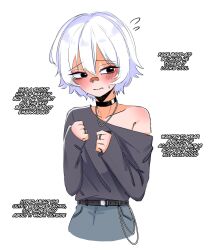 Rule 34 | bandaid, bandaid on face, bandaid on nose, belt, belt buckle, black choker, black eyes, blush, buckle, choker, clenched hands, collarbone, commentary, crumblestodust, embarrassed, english commentary, english text, flying sweatdrops, grey shirt, hair between eyes, highres, jewelry, long sleeves, male focus, original, ring, shirt, simple background, single bare shoulder, single off shoulder, solo, trap, white background, white hair