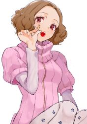 Rule 34 | 1girl, breasts, brown eyes, brown hair, candy, floral print, food, highres, holding, holding candy, holding food, holding lollipop, kanna nijiniji, lollipop, lollipop in mouth, long sleeves, looking at viewer, okumura haru, pantyhose, persona, persona 5, pink sweater, shirt, short hair, simple background, solo, sweater, white pantyhose, white shirt