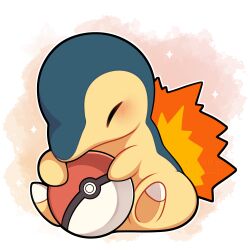 Rule 34 | absurdres, blush, closed eyes, cyndaquil, fire, gen 2 pokemon, highres, nintendo, no humans, poke ball, poke ball (basic), pokemon, pokemon (creature), sevi (seviyummy), sitting, solo