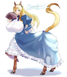 1girl animal_ears back_bow blonde_hair blue_dress blue_eyes blue_ribbon bow breasts centaur closed_mouth clothing_cutout commentary commission commissioner_name dress dress_shirt english_commentary estelle_bellegarde_(cassarah) folding_fan frilled_dress frills full_body hand_fan hand_on_own_hip highres holding holding_fan hooves horse_ears horse_tail huge_breasts juliet_sleeves long_dress long_hair long_sleeves looking_at_viewer monster_girl multiple_legs neck_ribbon original parted_bangs puffy_long_sleeves puffy_sleeves purple_ribbon ribbon second-party_source shadow shirt sidelocks simple_background skeb_commission smile solo standing standing_on_three_legs tail tail_through_clothes taur ushih_43 white_background yellow_tail