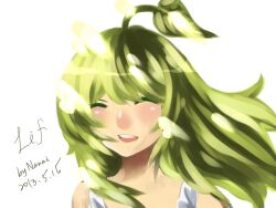 Rule 34 | 1girl, artist name, blush, character name, closed eyes, commentary, dated, dress, english commentary, green hair, lif (ragnarok online), long hair, nanami (s881201guy), open mouth, plant hair, ragnarok online, round teeth, simple background, smile, solo, sundress, teeth, upper body, upper teeth only, white background, white dress