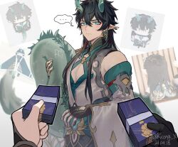... 1boy 2024 bright_pupils cowboy_shot glove_cutout dan_heng_(honkai:_star_rail) dan_heng_(imbibitor_lunae)_(honkai:_star_rail) dated detached_sleeves dragon earrings eastern_dragon hand_up highres holding holding_money holding_stuffed_toy honkai:_star_rail honkai_(series) jewelry kkong_x korean_commentary looking_at_viewer male_focus merchandise money muscular muscular_male photo_inset pointy_ears spoken_ellipsis stuffed_animal stuffed_dragon stuffed_toy three_quarter_view twitter_username white_pupils