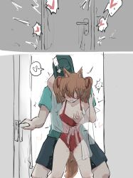 Rule 34 | 1boy, 1girl, absurdres, angelina (arknights), angelina (summer flower) (arknights), animal ears, aqua shirt, arknights, blush, breasts, brown hair, casual one-piece swimsuit, covered navel, doctor (arknights), door, door handle, fox ears, fox girl, fox tail, grabbing another&#039;s breast, groping, hand up, heart, hetero, highres, hood, hood up, indoors, medium breasts, nipples, official alternate costume, one-piece swimsuit, open mouth, opening door, red one-piece swimsuit, red ribbon, ribbon, sex toy, shirt, spaghetti strap, swimsuit, swimsuit cover-up, tail, twintails, vibrator, vibrator in thigh strap, vibrator under clothes, whate=3r