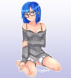 1girl absurdres bare_shoulders barefoot blue_eyes blue_hair blush bra embarrassed glasses grey_sweater highres hunie_(series) huniepop jayleearts nikki_ann-marie shorts simple_background sitting solo sweater underwear